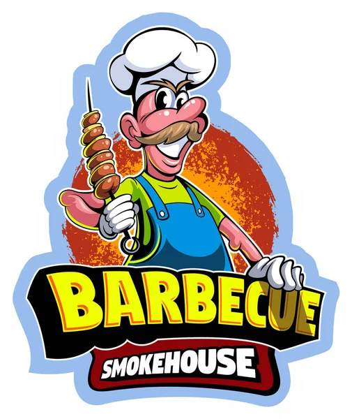 Kochmeister Cartoon Stil Mit Mütze Grill Räucherkammer Vektor Logo — Stockvektor