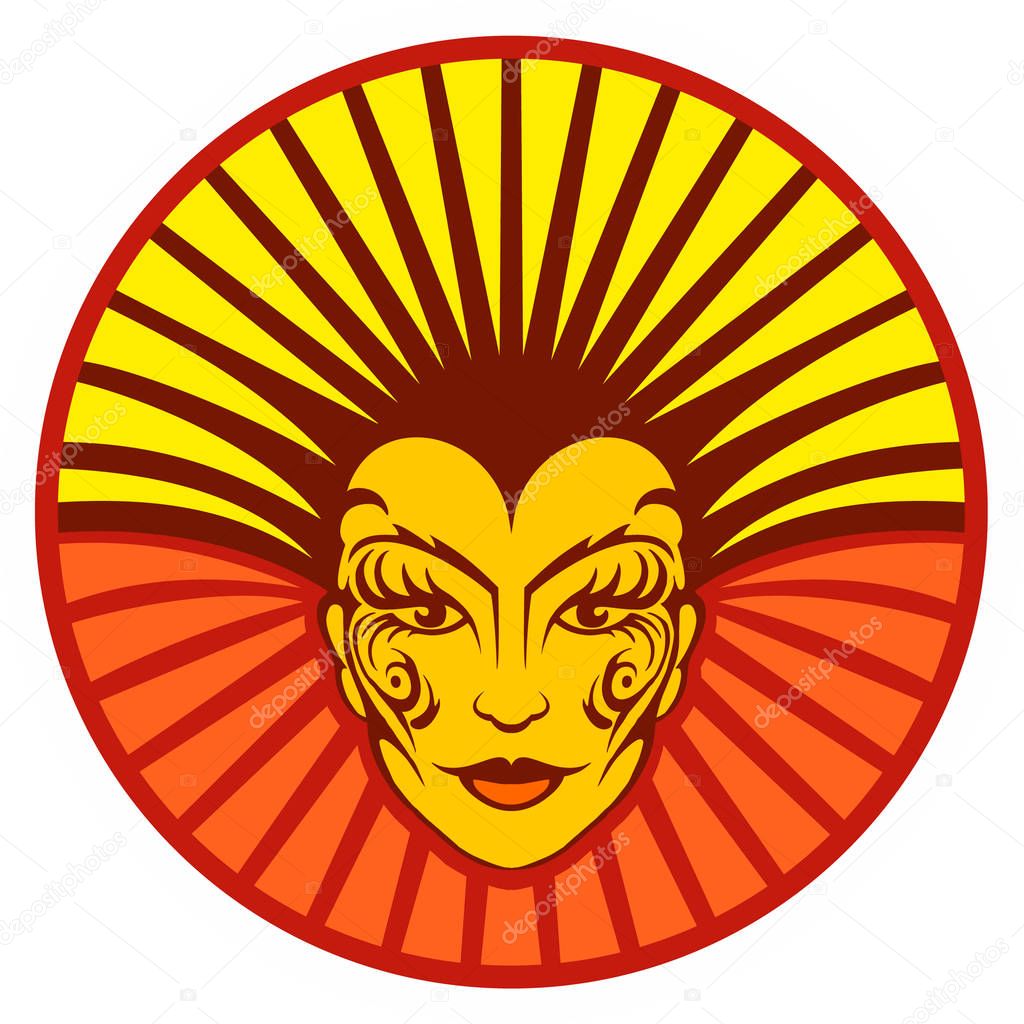 Red yellow woman's face with tribal ornaments and sun rays on background