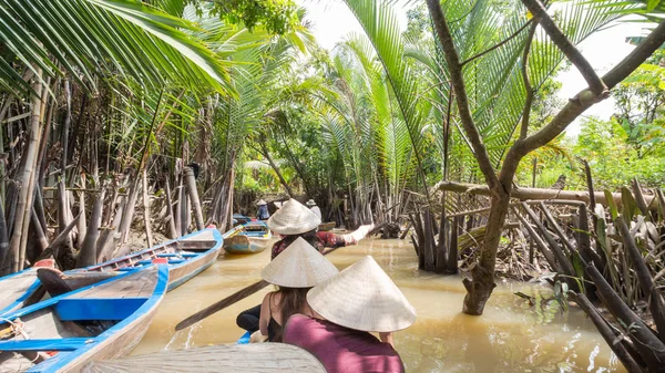Катание на лодке по грязной реке в дельте Меконга, Вьетнам Стоковое Изображение