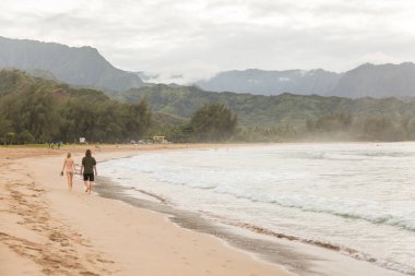 Young couple walking along Hanalei beach, Hawaii clipart