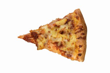 Hawai pizza dilim ince bir alev üzerinde kabuk erimiş mozzarella ve domates, aşağı görünüm üstte beyaz ile ızgara
