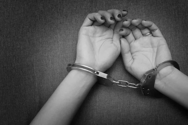 Woman Hands Shackles Sex Toy Handcuffs Arrest Prisoner Black White — Stock Photo, Image