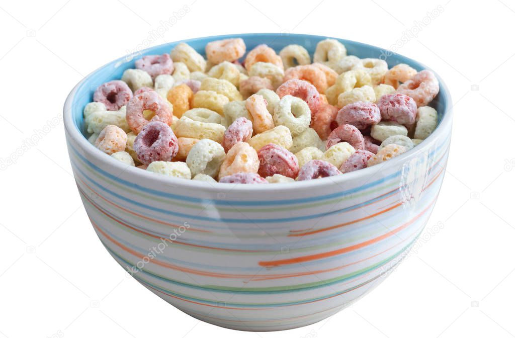 Delicious and nutritious colorful cereal with fruit favor in colorful bowl isolated on white background