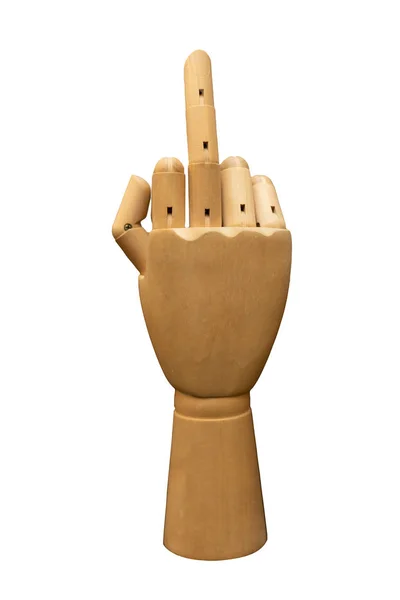Goud Houten Handmodel Met Middelvinger Geïsoleerd Een Witte Achtergrond — Stockfoto