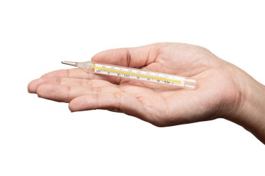Sıcaklığı kontrol etmek için klinik termometreye yakın çekim. COVID-19 veya Grip teşhisi ve testi.