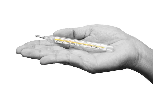 Fechar Mão Segurando Termômetro Clínico Para Verificar Temperatura Tom Preto — Fotografia de Stock