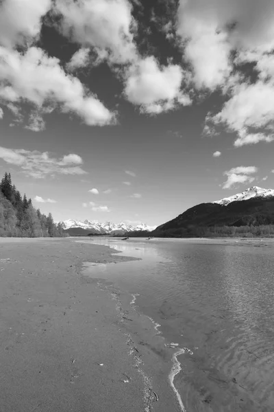 Chilkat River Beach v černé a bílé — Stock fotografie