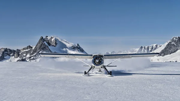 Pequeño avión arbusto con esquís aterrizando en un campo de nieve — Foto de Stock