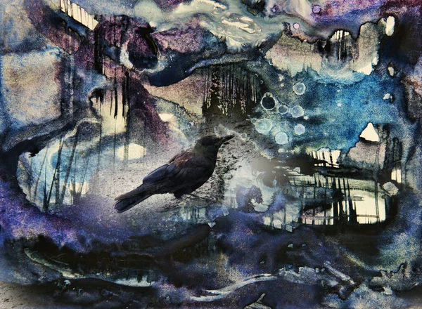 Dark bird figure in a strange abstract landscape colorful watercolor painting.