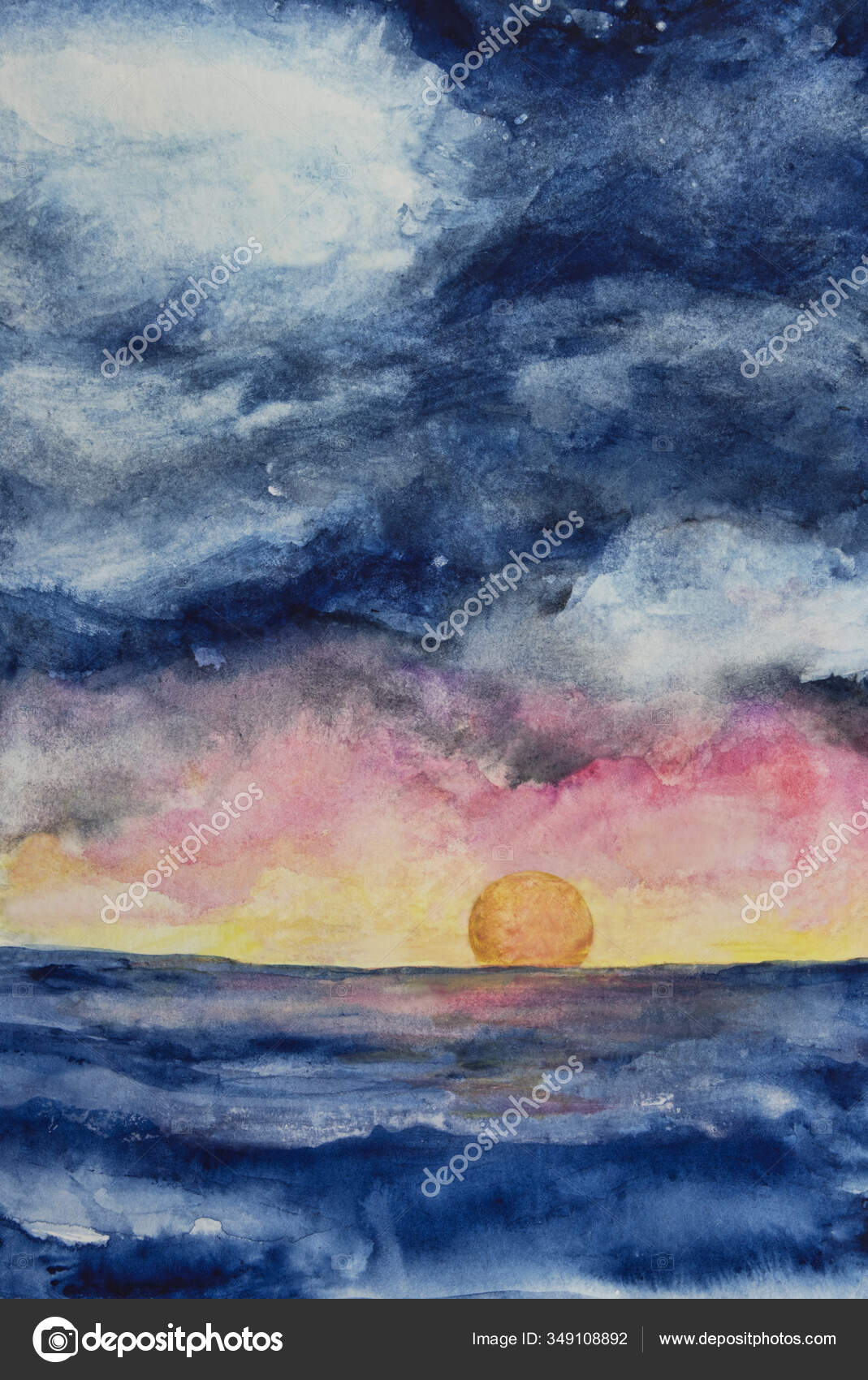Watercolor Illustration Painting Sun Setting Sea Dramatic Clouds Stock Photo Image By C Mcornelius