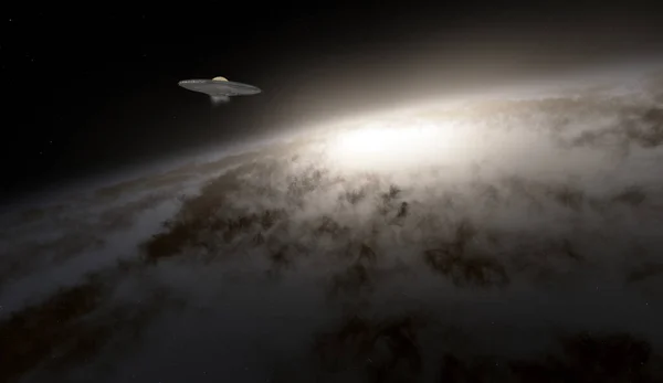 Ufo Ruimteschip Vliegend Ruimte Boven Een Melkwegstelsel — Stockfoto