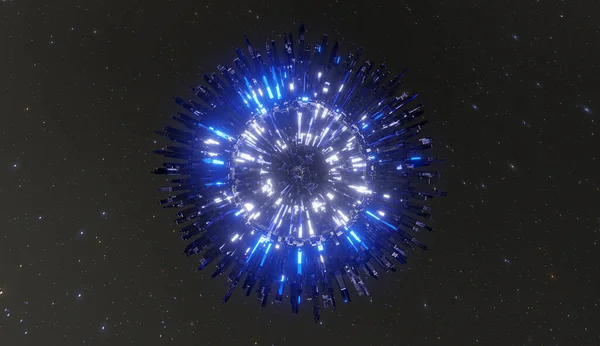 Футуристический Высокотехнологичный Космический Корабль Космосе Голубыми Огнями Созданными Моделированием — стоковое фото