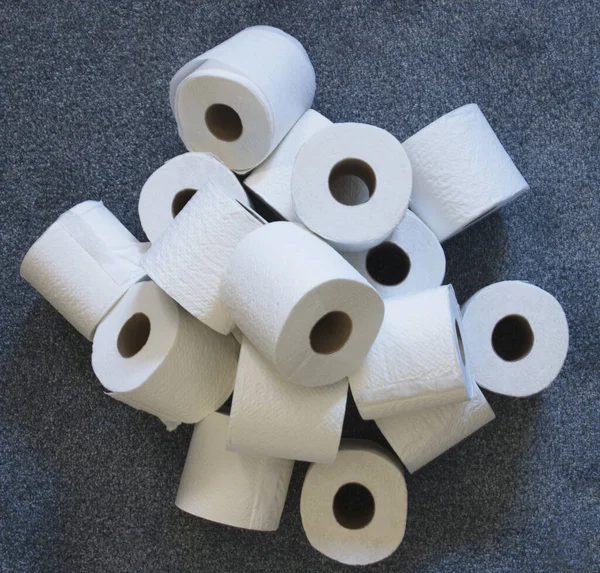 Pile Toilet Paper Rolls Blue Home Carpet — Stock Photo, Image
