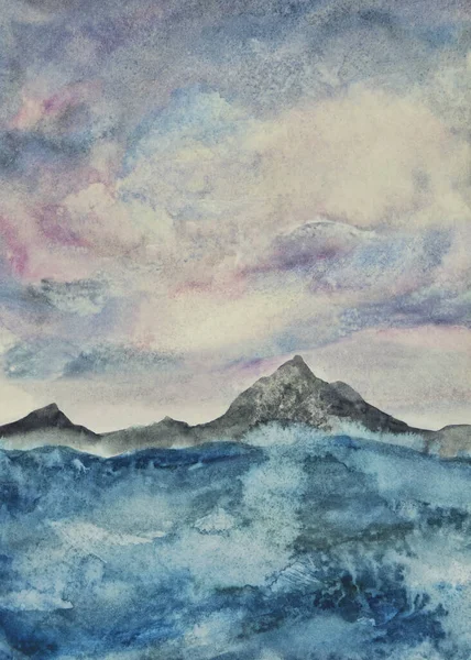 Geschilderde Aquarel Scene Met Oceaan Bergen Wolken Blauw Roze — Stockfoto