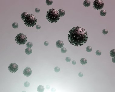 Yeşil ve kırmızı renkli koronavirüs gibi yüzen virüslerin 3 boyutlu modelleri.
