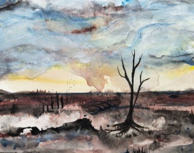 Issız bir manzaranın suluboya resmi. Gün batımında tek bir ölü ağaç..