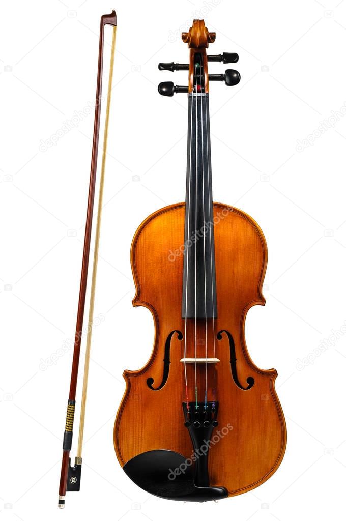 Violin with bow isolated on white