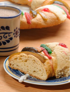 Chocolate cup with Rosca de reyes, Epiphany cake, Kings cake