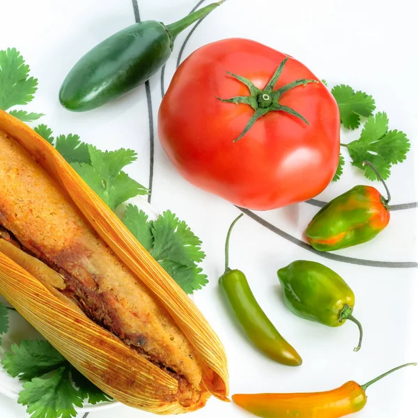 Mexicaanse tamales gemaakt van mais en kip geïsoleerd op wit — Stockfoto