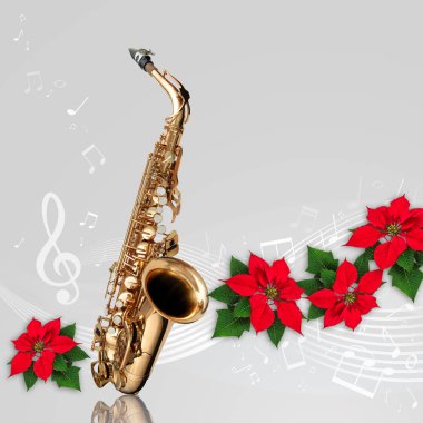Saksafon ile kırmızı Atatürk çiçeği çiçek Noel süs
