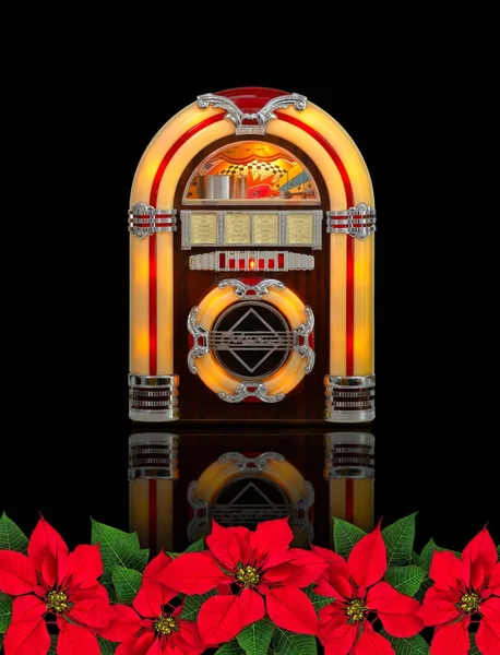 Juke box radio avec fleur Poinsettia rouge ornement de Noël — Photo