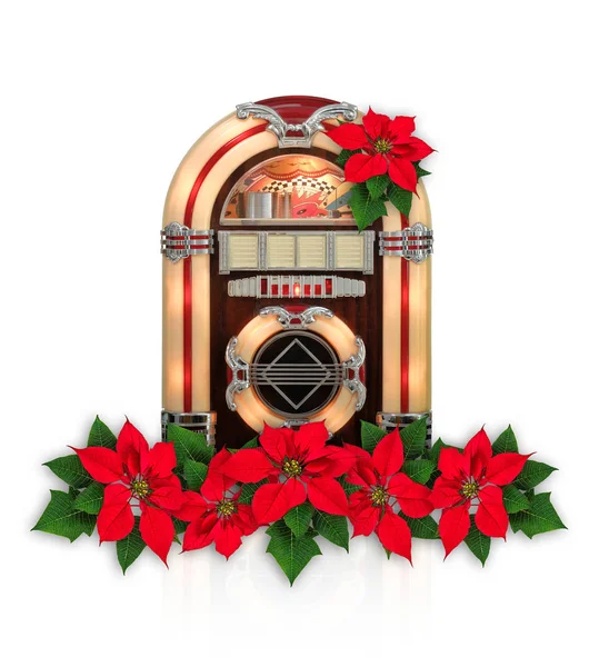 Juke box radio with Red Poinsettia flower christmas ornament — Stock Photo, Image