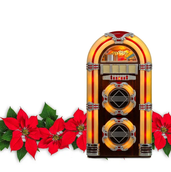 Radio Juke box con adorno de Navidad flor rojo Poinsettia —  Fotos de Stock