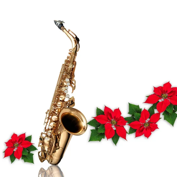 레드 포 인 세 티아 꽃 크리스마스 장식으로 색소폰 — 스톡 사진