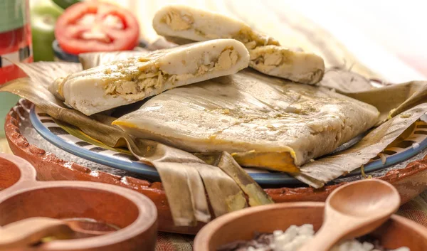 Tamal de Oaxacan feito de carne de porco de frango de milho e pimenta — Fotografia de Stock