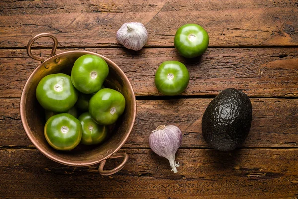 Mexikanska Sås Ingredienser Ovanifrån Färska Ekologiska Grönsaker Trä Bordsskiva — Stockfoto