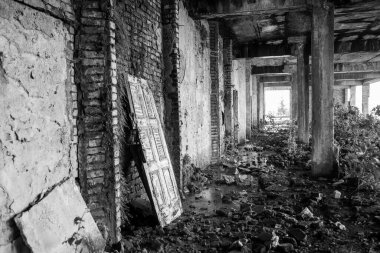 Eski bir pansiyonun terk edilmiş bir binasının koridorunda.