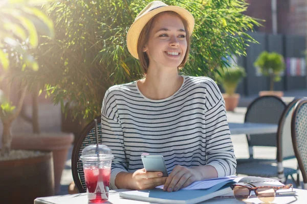 Closeup picture of pretty European girl in beige hat with black — Stock Photo, Image