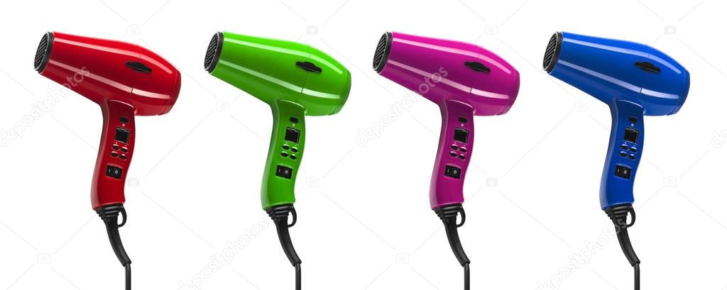 Set of four various hair dryers isolated on white background