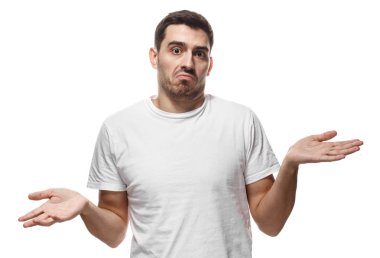 Bilmiyorum. Sanki o ne yapacağını bilmez genç adam, beyaz arka plan üzerinde izole çaresiz jest kol ve el, ağız ile gösterilen kavisli