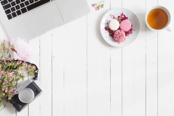 Isolated flat view of white wooden desk with gray open metal laptop, pink flowers, retro film camera, tea cup and saucer with pink macarons with copyspace in middle for placing advertisement — Stock Photo, Image