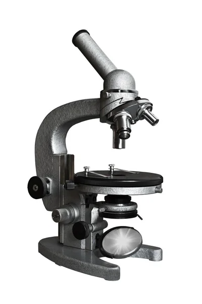 steel outdated medical microscope on a white background