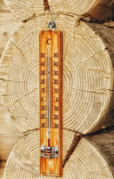 street thermometer fixed on the end logs of the house