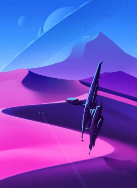 Evrenin herhangi bir yerindeki bir İtalyan gezegeninde çölün üzerinde uçan uzay gemilerinin hayali bir bilim kurgu çizimi..