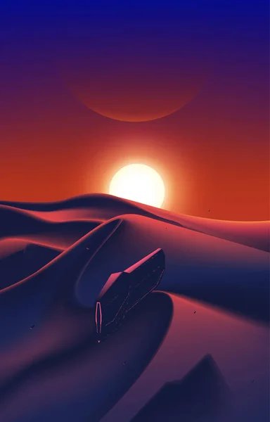 宇宙船艦隊の架空のSfイラストが砂漠を飛んでいます 地平線の美しい夕日があります — ストックベクタ