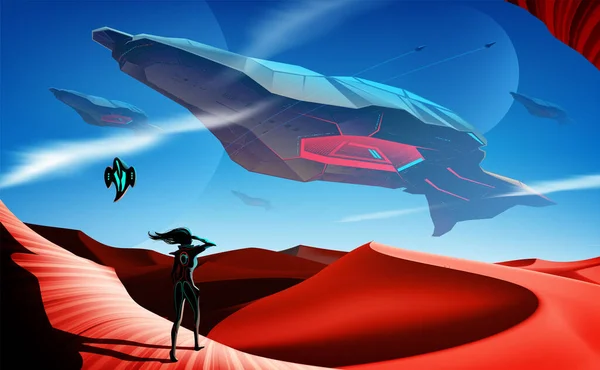 砂漠を飛ぶ宇宙船 — ストックベクタ