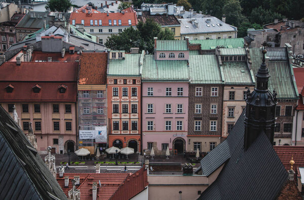 A picture of Rynek Glowny and the picturesque set of houses taken from above.