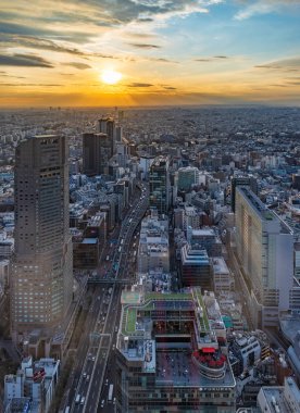 Gün batımında Tokyo şehir manzarasının bir resmi.