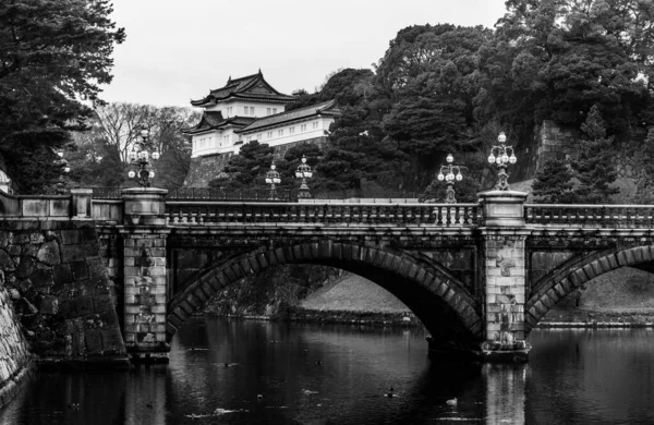 A black and white picture of the Seimon Stonebridge, part of the Imperial Palace (Tokyo).