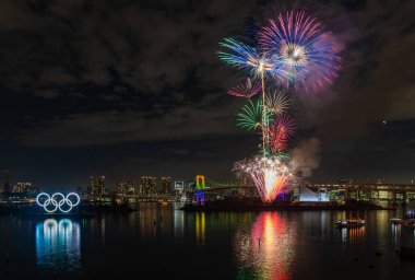 Tokyo Körfezi 'ndeki Olimpiyat Halkaları' nın açılışını anan havai fişeklerin bir resmi.).