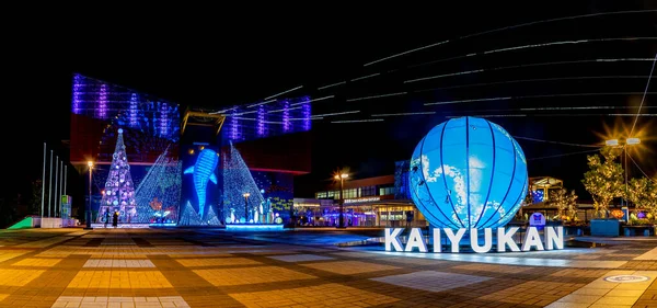 Uma Imagem Panorâmica Iluminado Aquário Osaka Kaiyukan Noite — Fotografia de Stock