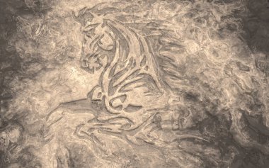 Kasırga gibi koşan güçlü bir atın kum taşı duvar paneli. 3d illüstrasyon