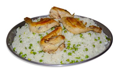 Traditional homemade dish of rice and peas with chicken meat. isolated on white background. clipart