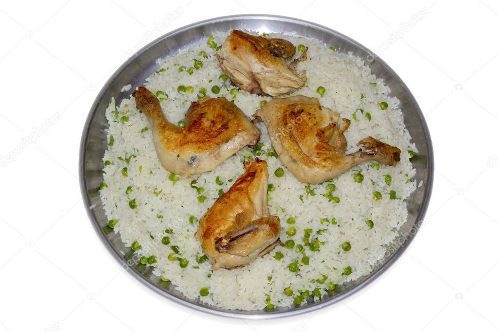 Traditional homemade dish of rice and peas with chicken meat. isolated on white background.
