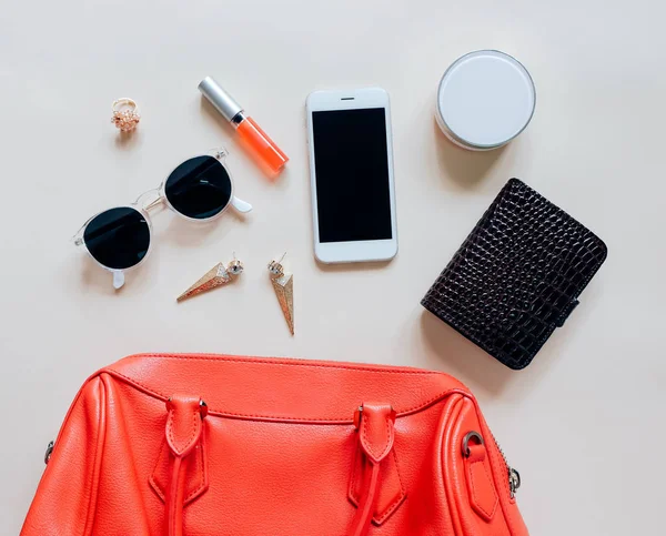 Flat lay of red leather woman bag — Stock Photo, Image