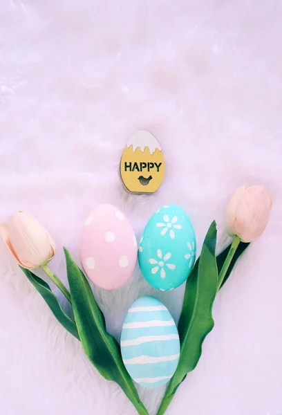 Happy Easter Holiday Concept Colorful Easter Eggs White Fur Background — Stock Photo, Image